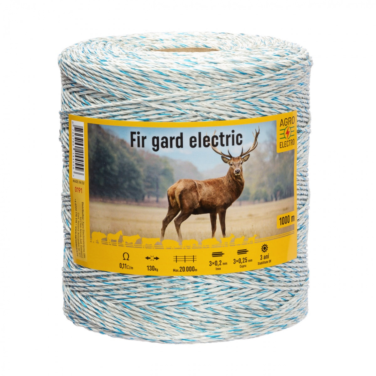Fir gard electric 1000 m, rezistență la rupere 130 , rezistență electrică 0,11 Ω/m.