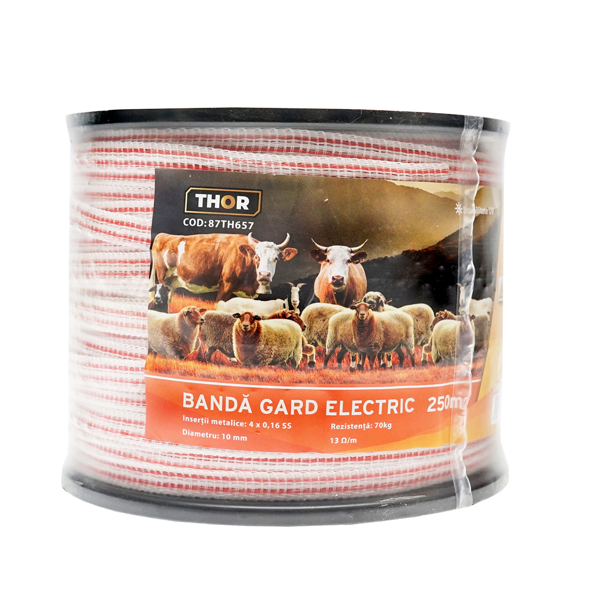 Rola banda rosu alb 10mm insertie metalica 4x0.16mm ss rezistenta 13 ohm m 250m gard electric thor 87th657 – 10mm – 10m – imagine 1
