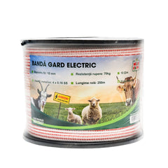 Rola banda rosu alb 10mm insertie metalica 4x0.16mm ss rezistenta 13 ohm m 250m gard electric mezofarm m87z657 – 10mm – 10m – imagine 1